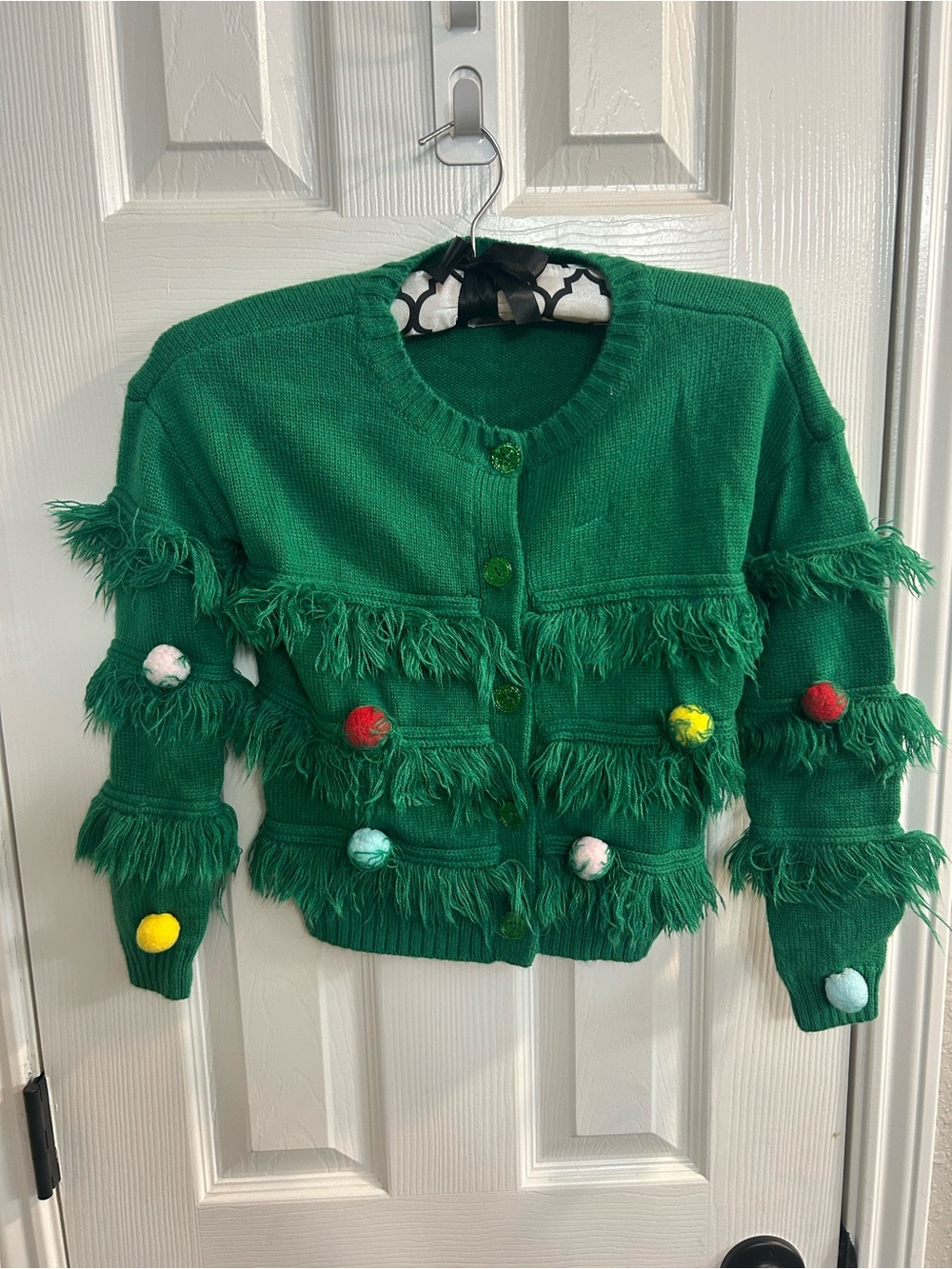 Girls holiday time sz m 7/8 green fringe cardigan sweater long sleeve button up